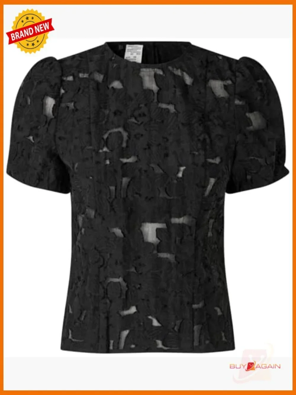 Short Sleeve Jacquard Blouse, Semi-Sheer Lace Pattern, Button Back Closure
